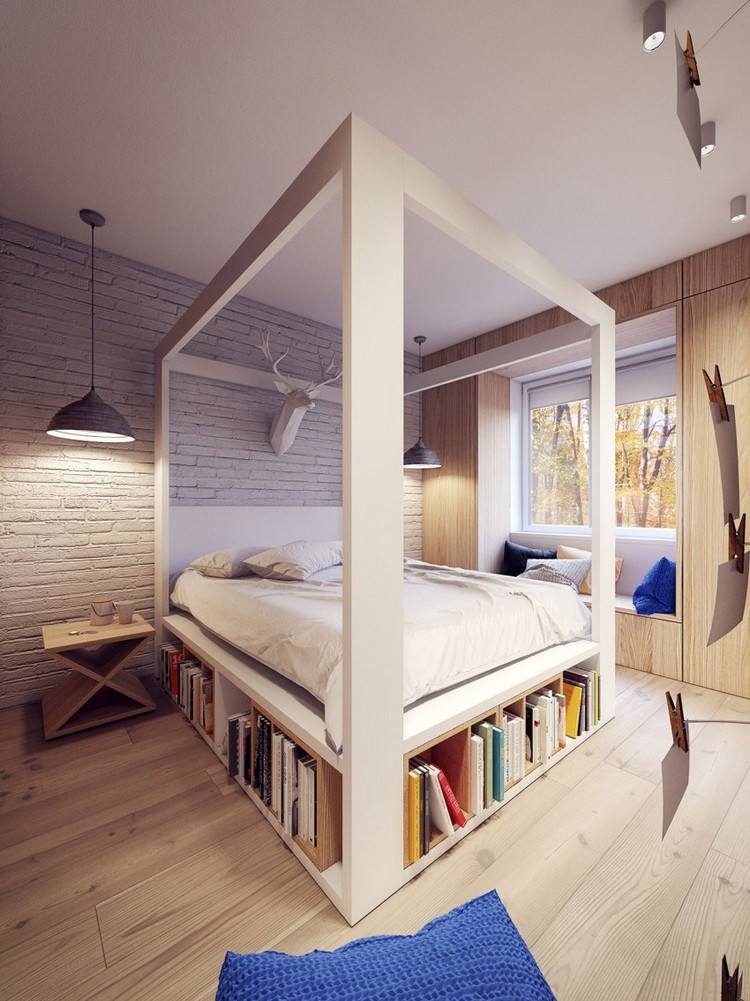 idéias-móveis-modernos-quarto-cama-estantes-piso de madeira-armário embutido