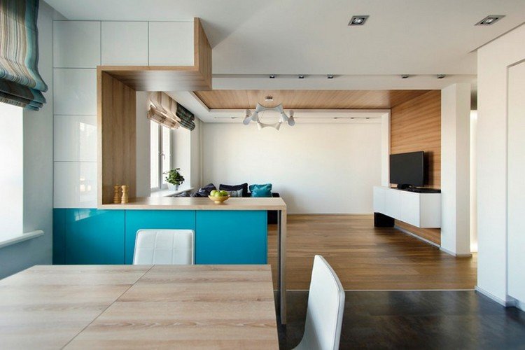 idéias de decoração-cozinha-sala de estar-separado-branco-claro-madeira-azul-acentos