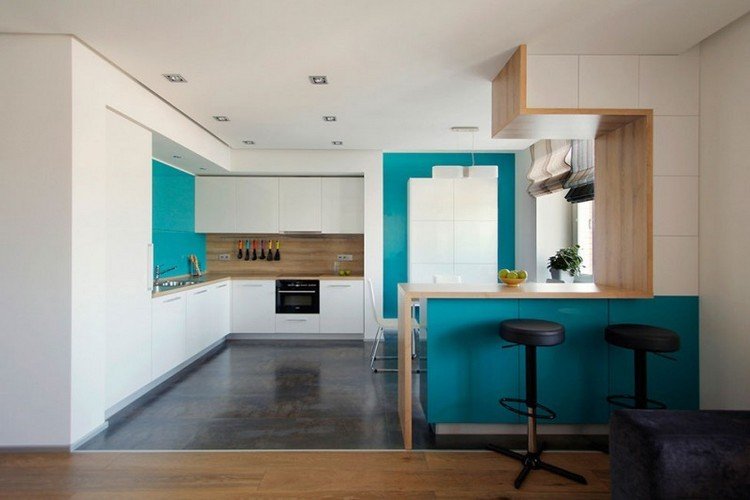 idéias de decoração-cozinha-moderna-branco-azul-madeira