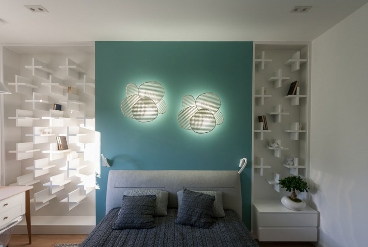ideias-móveis-modernos-quarto-jovem-petróleo-verde-parede-pintura-luzes-parede-prateleiras-mais-forma