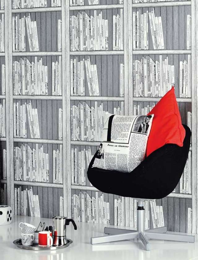 estante de livros em preto e branco com ideias de papel de parede de sala de estar
