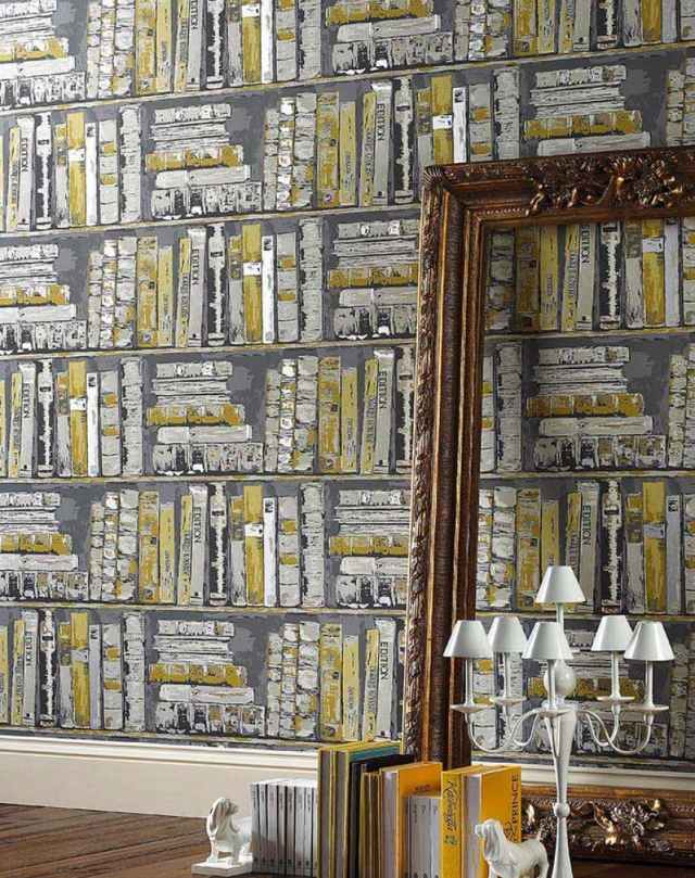 sala de estar papel de parede ideias padrão estante cinza amarelo kratos