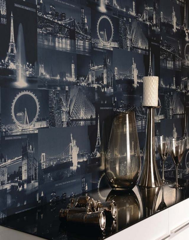 sala de estar papel de parede design azul escuro fotos noturnas cidades em todo o mundo arturo