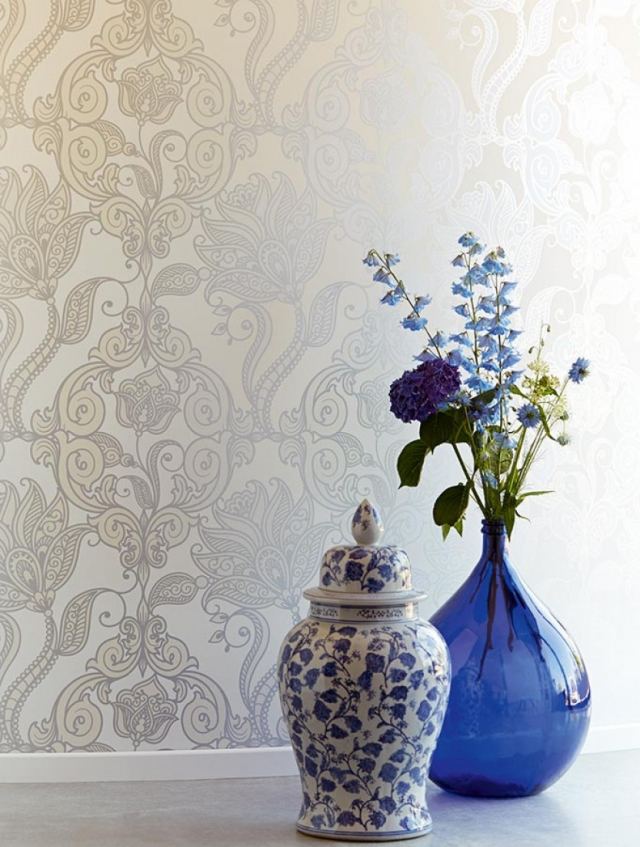 sala de estar ideias decoração de parede papel de parede liso branco ecru floral lawal