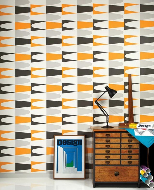 sala de estar papel de parede padrão retro geométrico laranja cinza preto jaron