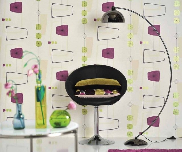 sala de estar papel de parede padrão geométrico retro roxo verde isola