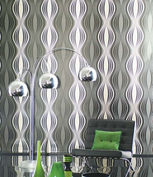 sala de estar papel de parede geométrico branco cinza ondas titânia