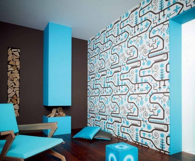 sala de estar lareira moderna decoração de parede azul claro papel de parede