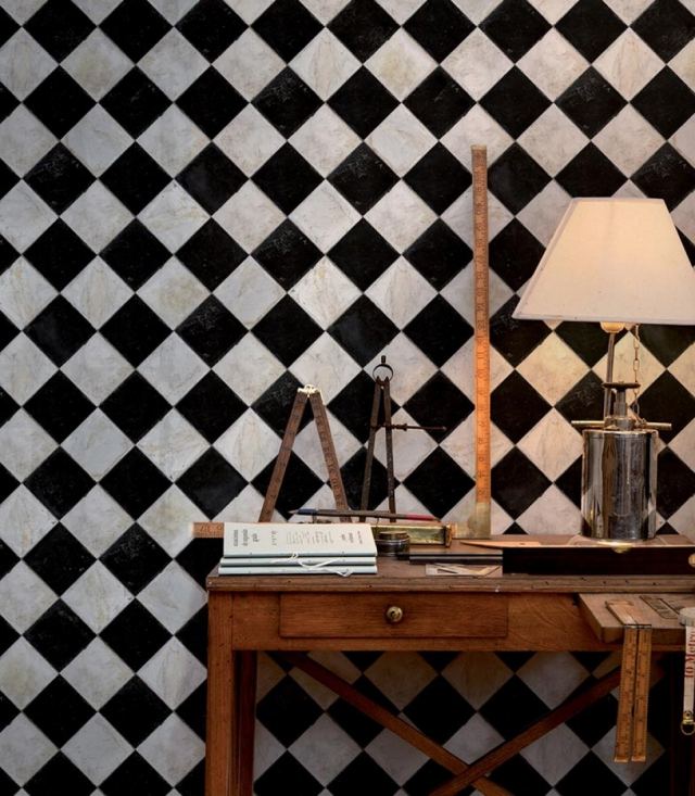 papel de parede preto branco mármore padrão xadrez