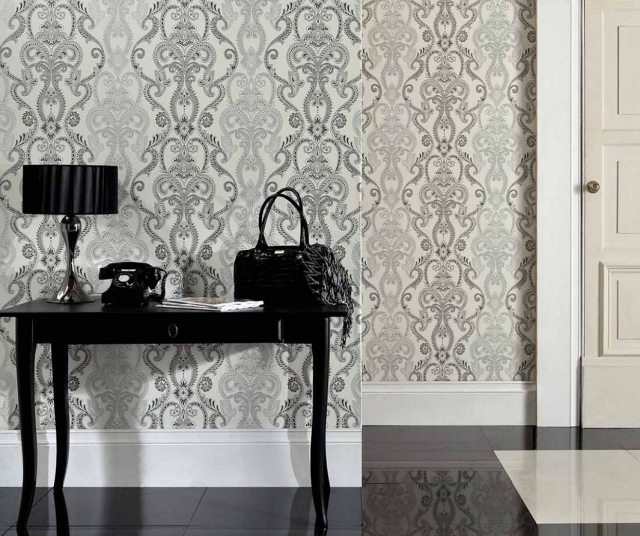 papel de parede preto branco corredor mesa de console preta kesara