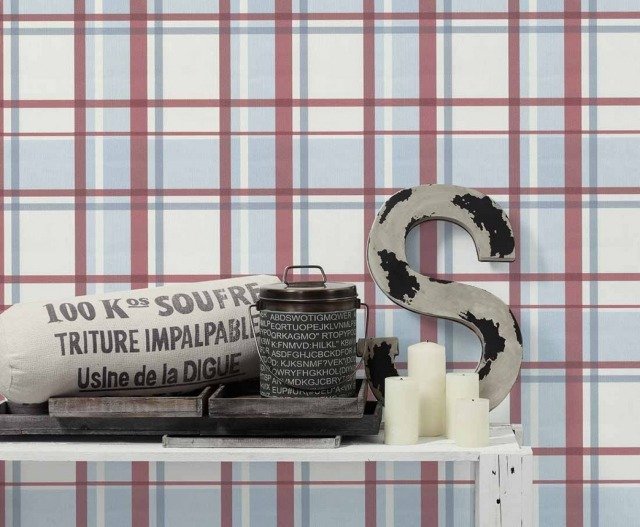 papel de parede não tecido padrão xadrez azul claro vermelho mika
