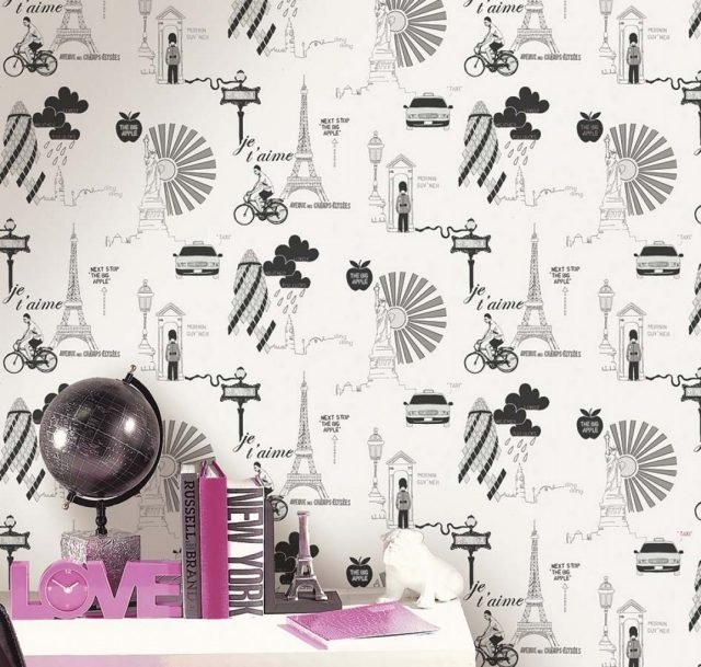 Idéias de papel de parede de sala de estar padrão preto e branco em todo o mundo.