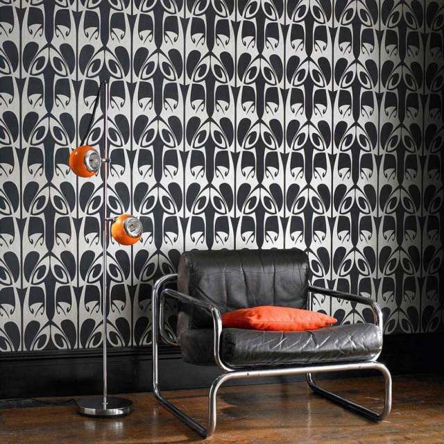 papel de parede preto branco padrão de design de sala de estar megamba