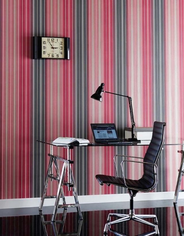 papel de parede listrado rosa vermelho preto lino moderno