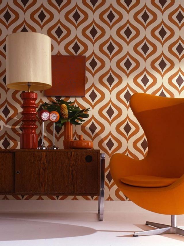 papel de parede retro laranja sala de estar ovo poltrona triton