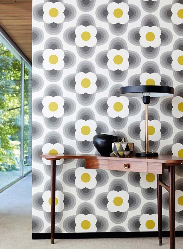 sala de estar papel de parede retro floral padrão cinza amarelo geométrico selene