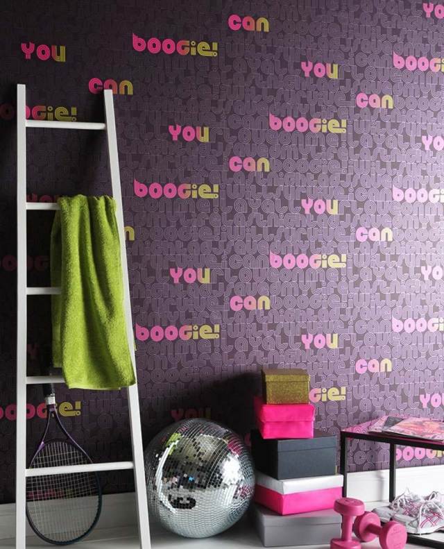papel de parede retro padrão roxo fonte boogie sábado à noite
