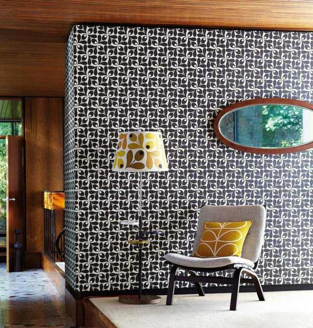 papel de parede padrão flores preto e branco design retro da sala de estar