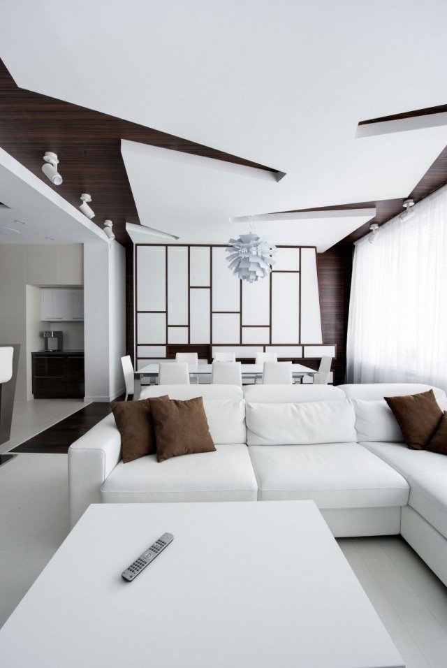 design de teto painéis de sala de estar branco geométrico