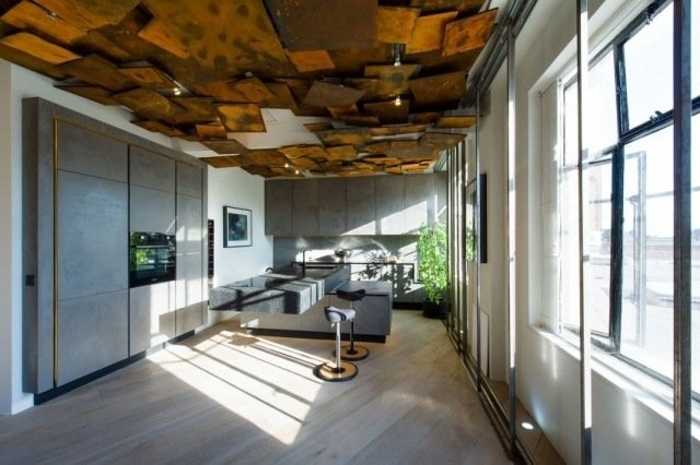 copa cozinha design moderno frentes de aço aparência piso em parquet Idéias para design de teto