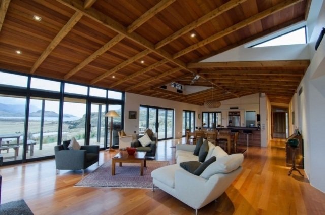 design de sala de estar com painéis de madeira piso sala de estar aberta