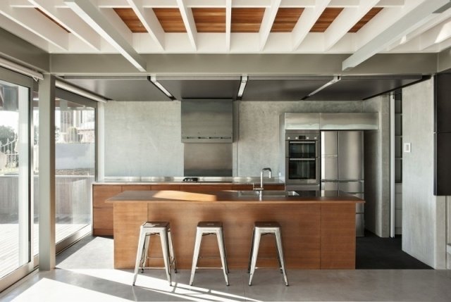 ilha de cozinha moderna design de teto de madeira branco