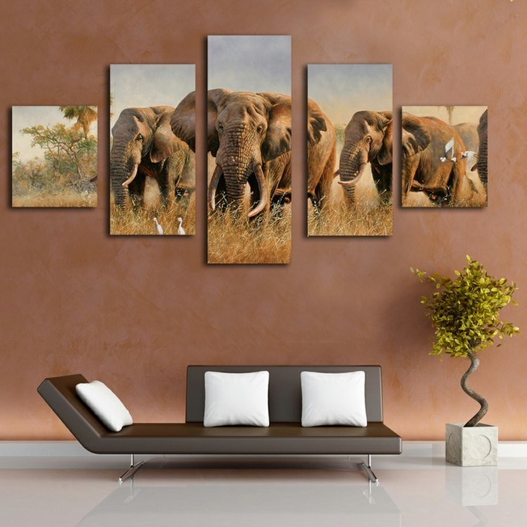 africa-deco-mural-elefante-cinco-partes-canapé-couro-sofá-moderno
