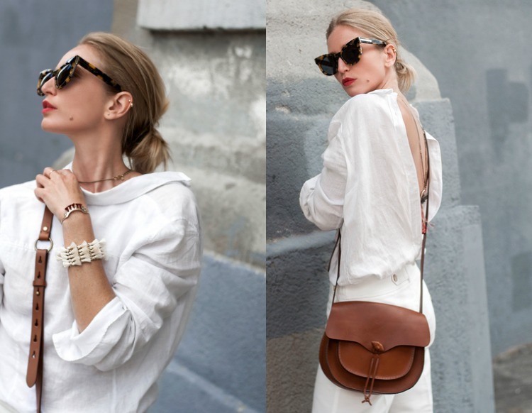 atual-moda-tendência-feminina-camisa-linho-branco-couro-bolsa
