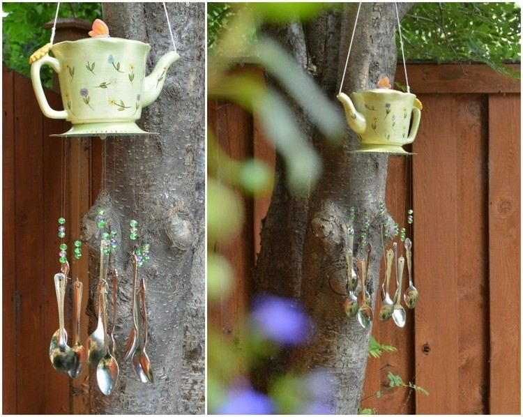 Sinos de vento DIY para o jardim feitos de bules e talheres antigos