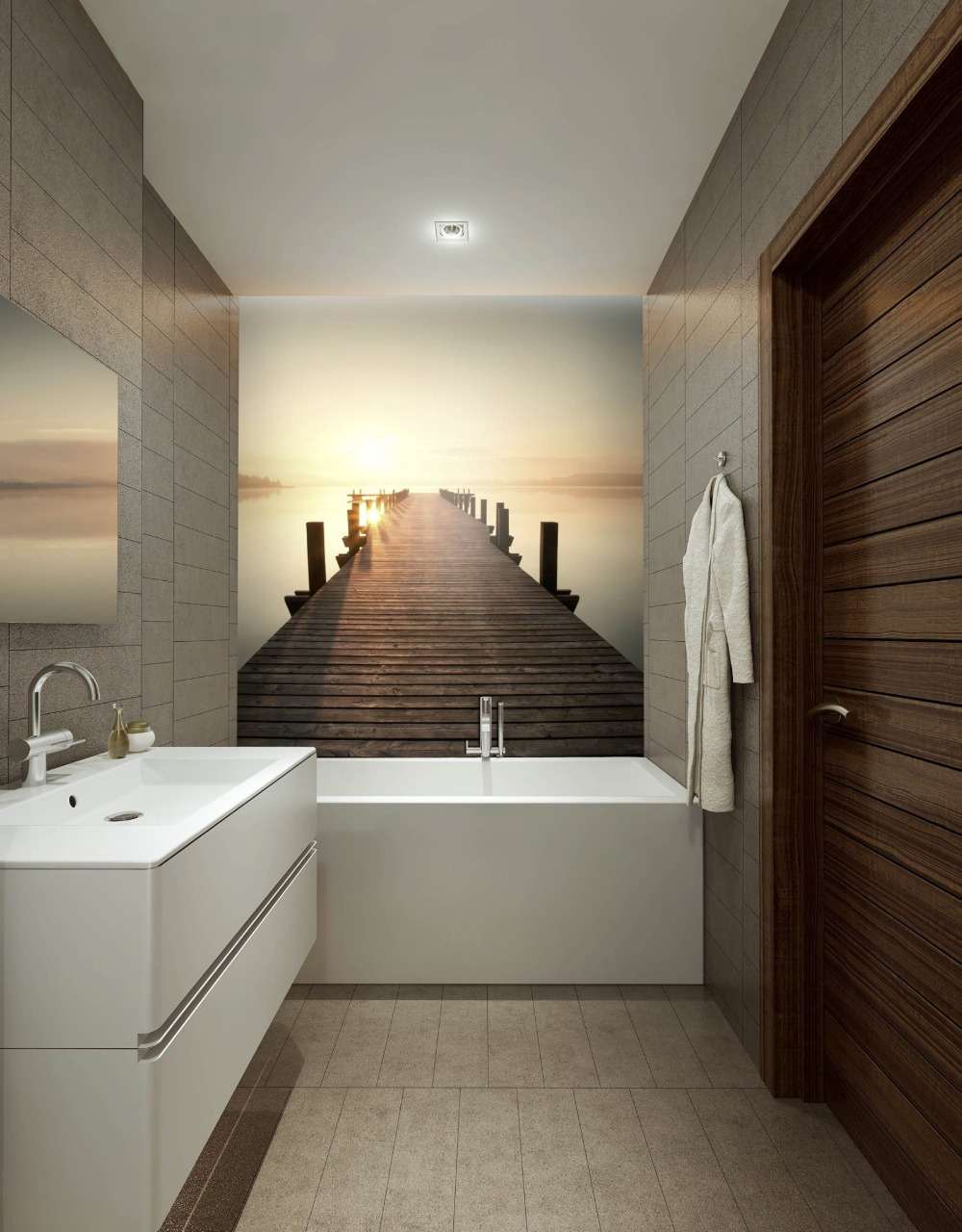 Papel de parede fotográfico sobre a banheira em um banheiro rústico com design moderno