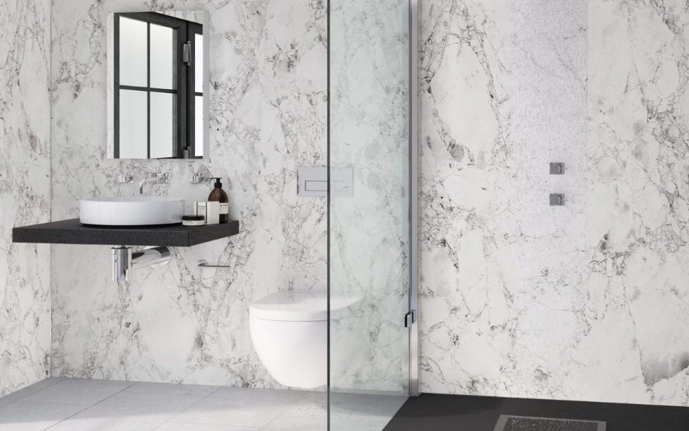 Painéis de parede em gesso de mármore para banheiros com divisória de vidro