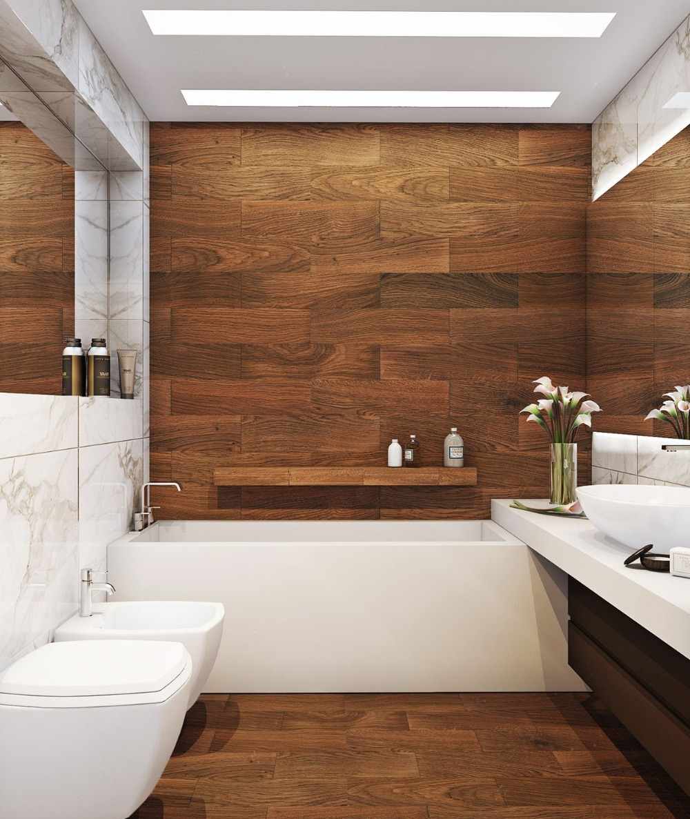 banheiro com painéis de madeira com banheira design elegante