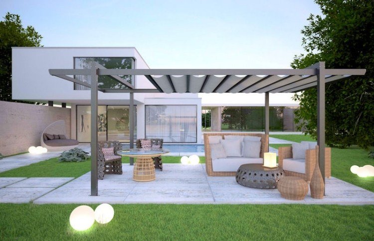 telhado de alumínio-terraço-proteção climática-gramado-iluminação-bola-rattan