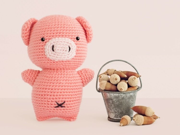 Amigurumi crochê de porco da sorte balde de bolota de lã rosa