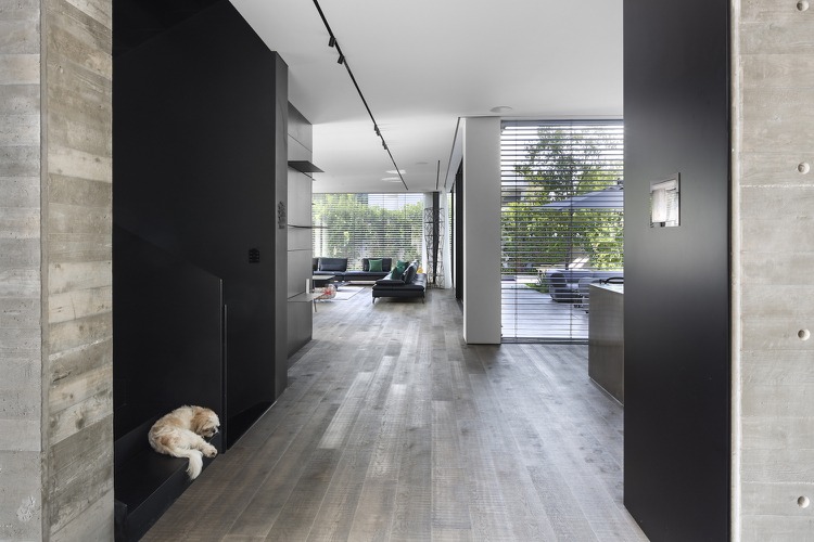 Paredes em antracite e teto branco e piso laminado design interior moderno em casa de família em Israel