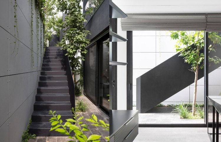 Casa moderna com design de escada externa de metal em cor antracite e painéis na fachada
