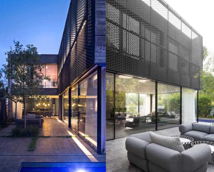 Casa moderna com fachada suspensa e envidraçados e grande terraço