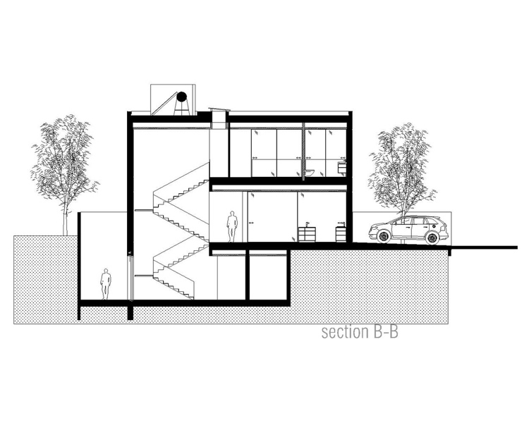 Casa unifamiliar com telhado plano e planta baixa do porão