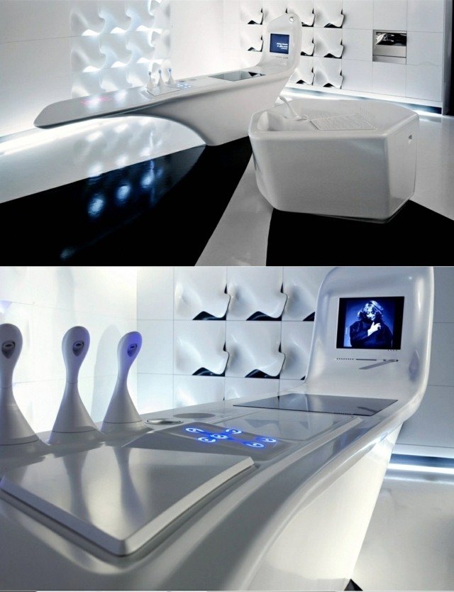 cozinha futurista ultramoderna bancada branca minimalista moderna