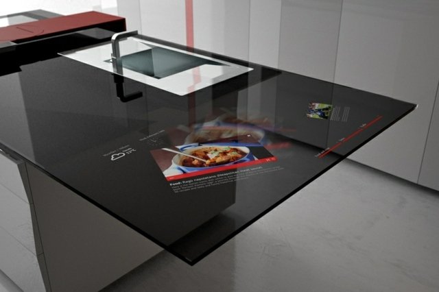 display interativo de cozinha moderna com balcão de vidro fosco escuro