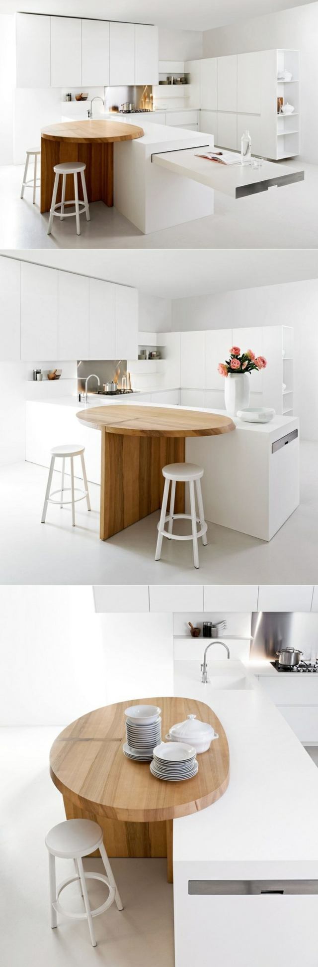 Cozinha em ilha redonda, balcão branco, cozinha equipada e minimalista moderna