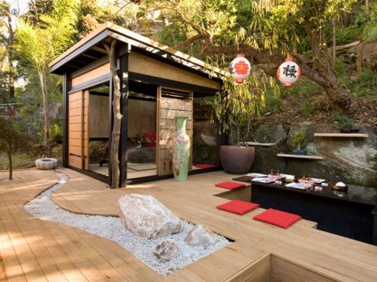 asian-garden-decoration-rock-garden-red-assento-lanterna-terraço-verde-vaso-tatame