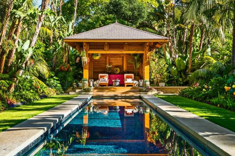 Decoração de jardim asiático caramanchão-relax-canto-piscina-palmeira-plantas exóticas