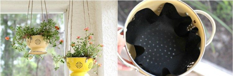 Cestos pendurados com peneira e instruções para jardinagem, faça você mesmo