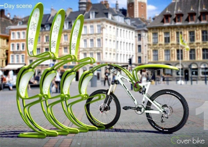 Bicicletário-design-com-capa de chuva-possibilidades práticas de armazenamento