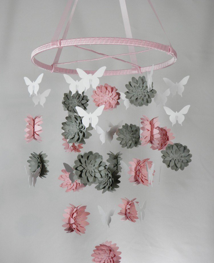 baby-mobile-faça-você-mesmo-tinker-paper-3d-flores-rosa-cinza-borboletas-meninas