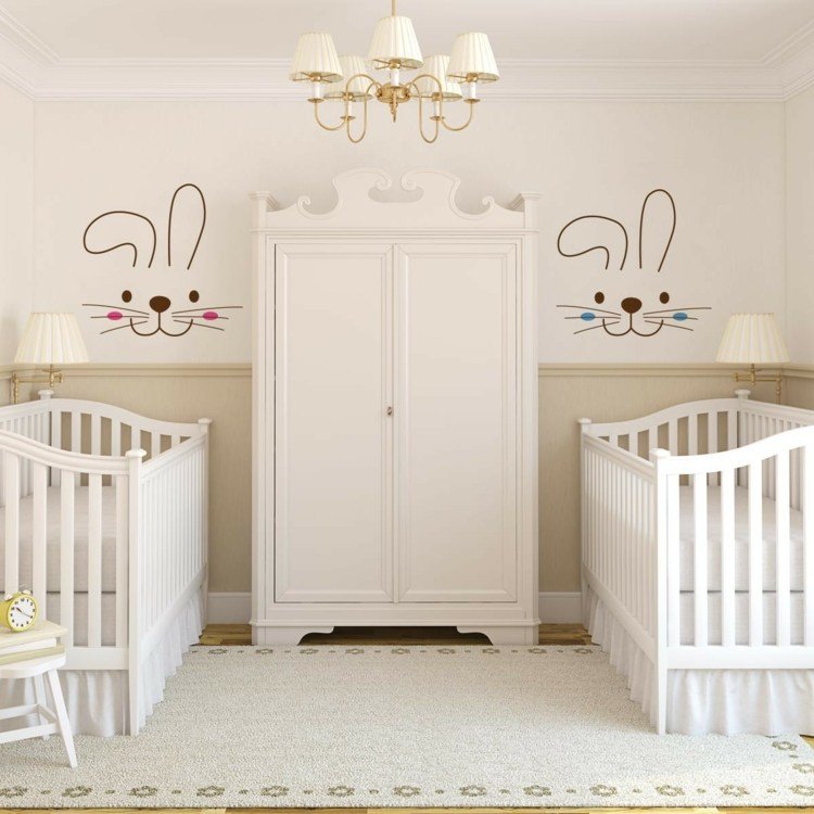 quarto de bebê para gêmeos simples-romântico-vintage-menina-murais-coelho-guarda-roupa