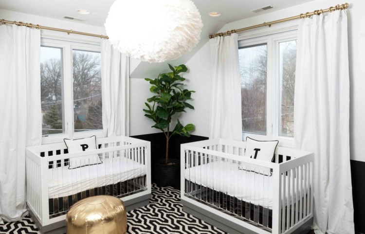 quarto de bebê para gêmeos preto-branco-moderno-janela-cortinas-planta