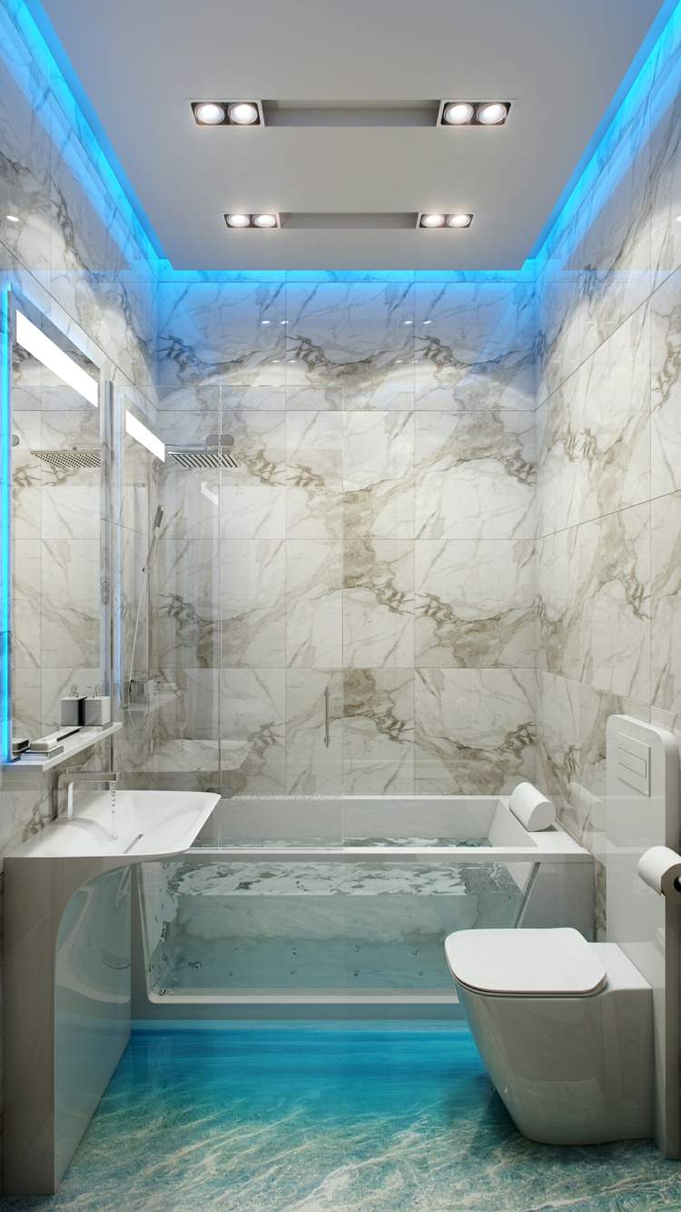 iluminação do banheiro azul-led-mármore-ladrilhos-pedra-cinza-branco