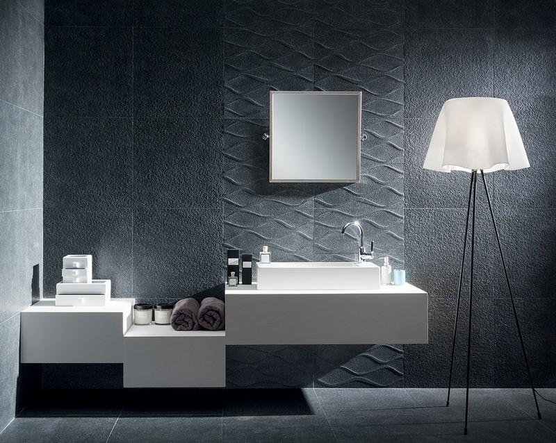 Banheiro-design-cinza-parede-azulejos-idéias-branco-móveis de banheiro